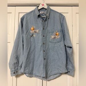 Vintage Long Sleeve Women’s Small Button Down Denim Blouse Angel Graphic